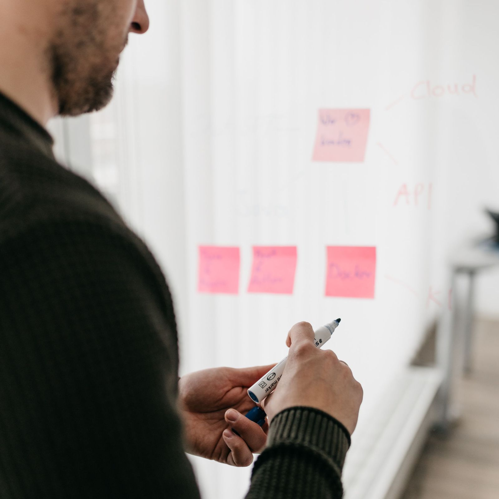 Ein Mann ordnet und beschreibt Post-it.