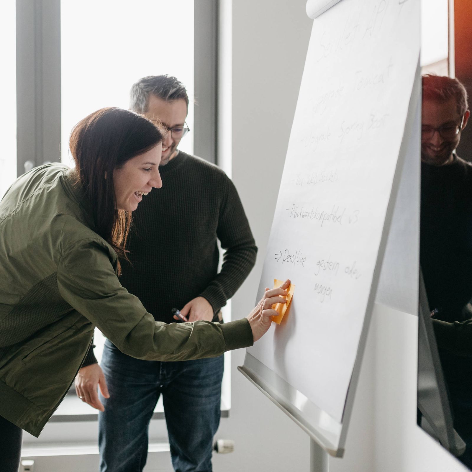 cyber:con Mitarbeiter stehen an einem Flipchart und tauschen Ideen aus.